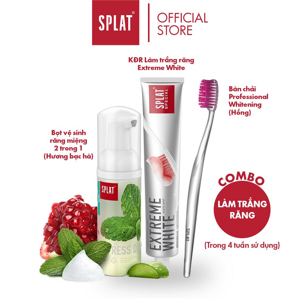 Combo Trắng Răng SPLAT KĐR Extreme White 75ml +  Bọt Vệ Sinh Răng Miệng 50ml + Bàn Chải Đánh Răng Whitening
