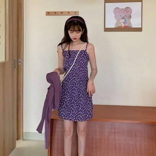 【Váy hai dây】 Váy liền thân màu tím, váy sling hoa cúc