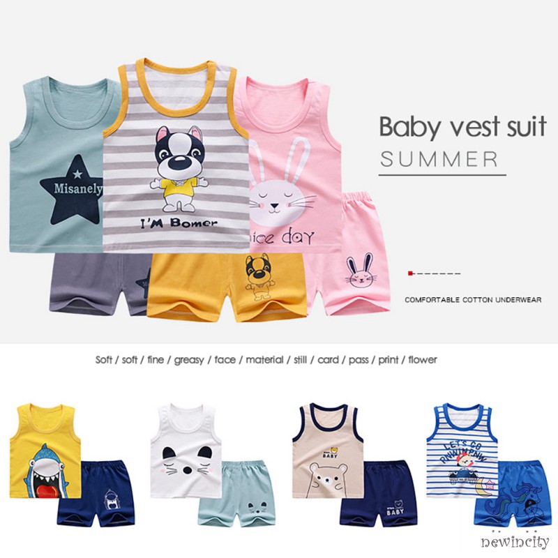 Bộ áo thun 3 lỗ + quần short họa tiết hoạt hình phong cách hè cho bé