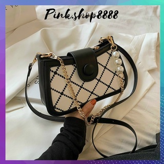Túi đeo chéo nữ đẹp thêu trám 2 dây và quai xích ngọc Pink.Shop8888