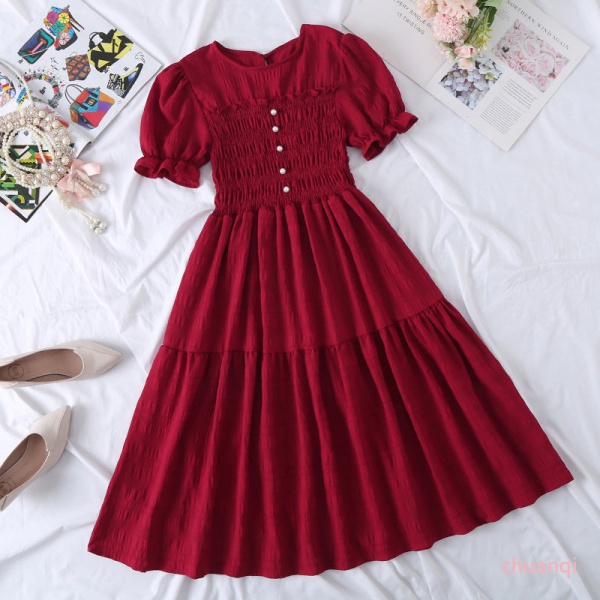 New Puff Sleeve Large Swing Skirt Women's Thin Waist A-line Skirt French Ruffled Versatile Dress