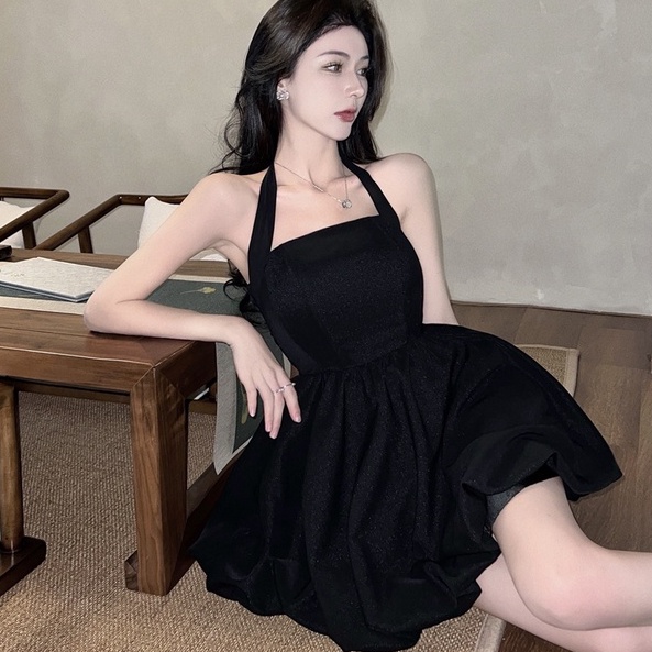Đầm hai dây ZHELIHANGFEI màu đen thiết kế quyến rũ thời trang