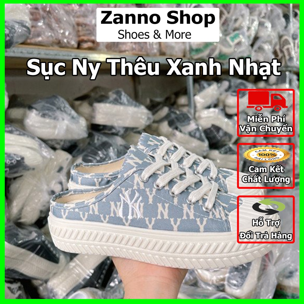 [HOT HIT] Giày Sục Đạp Gót Nữ Ny ZANNO Chữ Thêu, Màu Xanh Nhạt Xanh Xám (Ảnh, Video Thật)