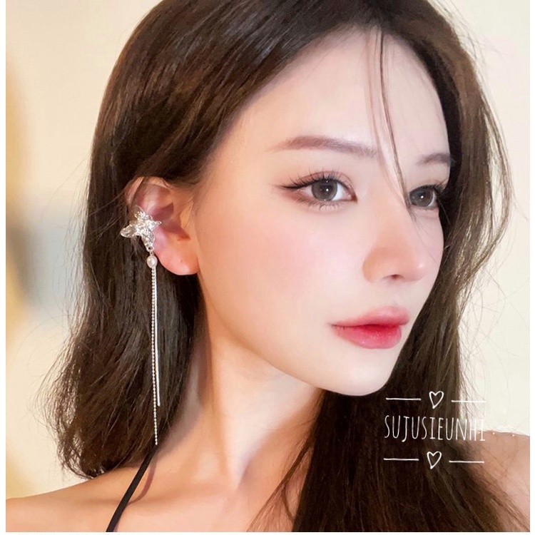 (không xỏ) khuyên tai hình bướm 3 cánh tua dài kẹp vành màu bạc đính ngọc nhân tạo