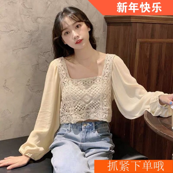 Áo sơ mi Chiffon phối ren màu trắng phong cách Hàn Quốc thời trang mùa thu mới cho nữ 2021