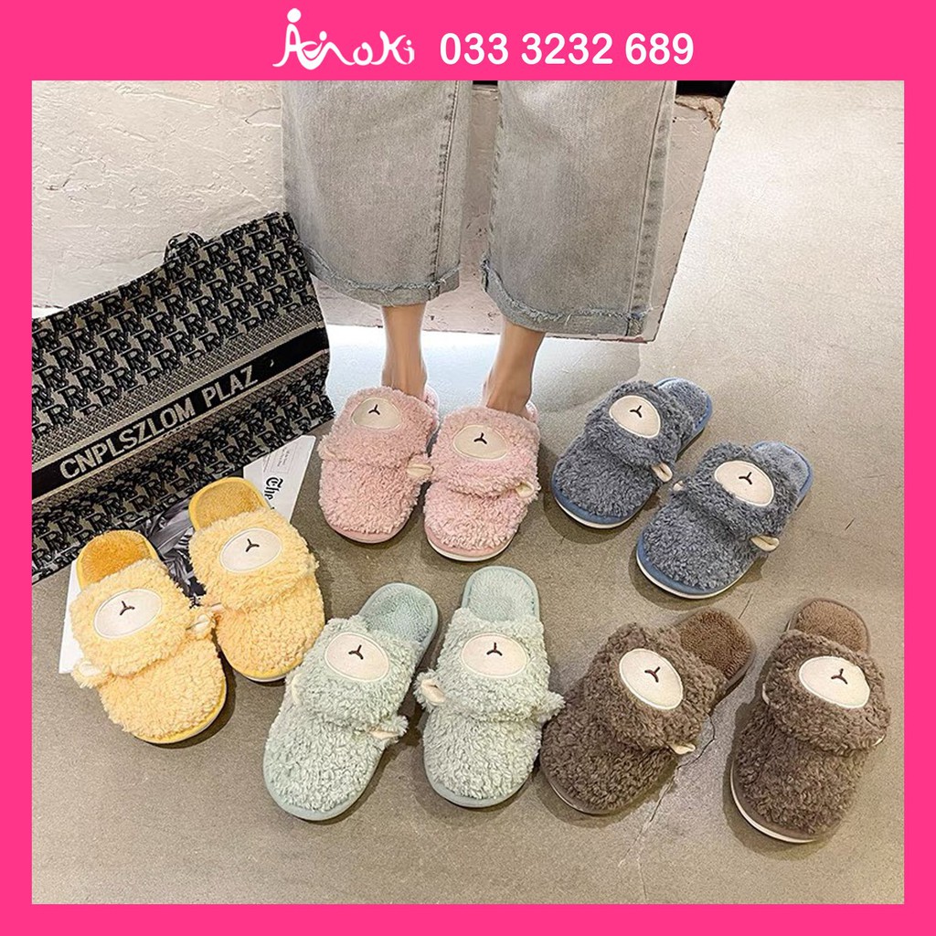 Dép Bông Lông Cừu Đi Trong Nhà Moki Mart Dày Ấm, Dép Mang Trong Nhà Hình Thú Dễ Thương, Đi 2 Kiểu Tiện Dụng