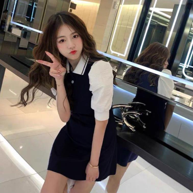Váy đầm nữ cổ polo đen trắng cộc tay phồng dáng chư A xòe phom tôn dáng freesize ngắn | BigBuy360 - bigbuy360.vn