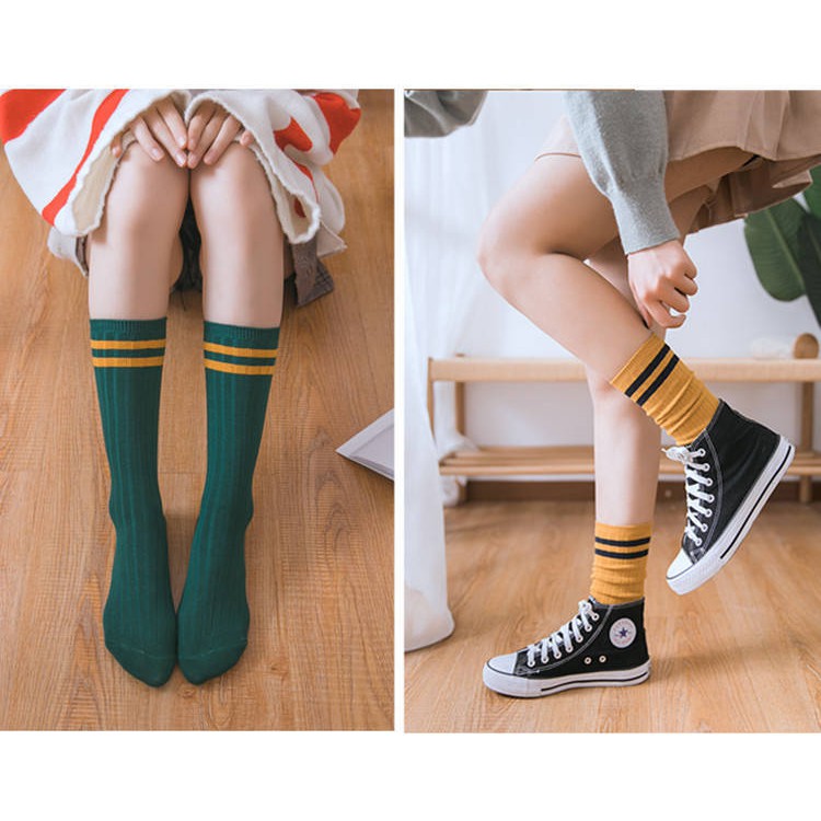 Tất nữ nhún sọc cổ cao vớ nữ phong cách vintage hàn quốc