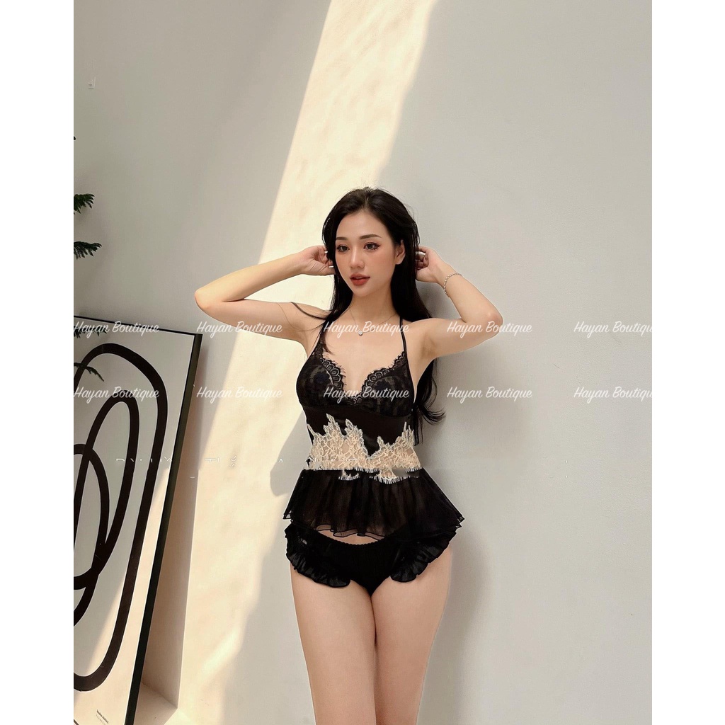 HT76 Bộ ngủ sexy phối ren hoạ tiết hách dáng, đồ ngủ lụa mặc nhà gợi cảm HT76