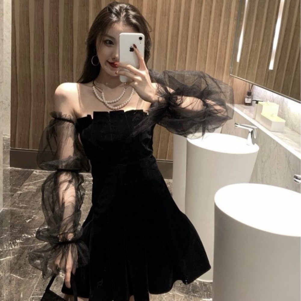 Đầm nữ , đầm váy nữ nhung tay phồng dáng váy xòe hở vai phong cách sexy sang chảnh ATILA.SHOP | BigBuy360 - bigbuy360.vn