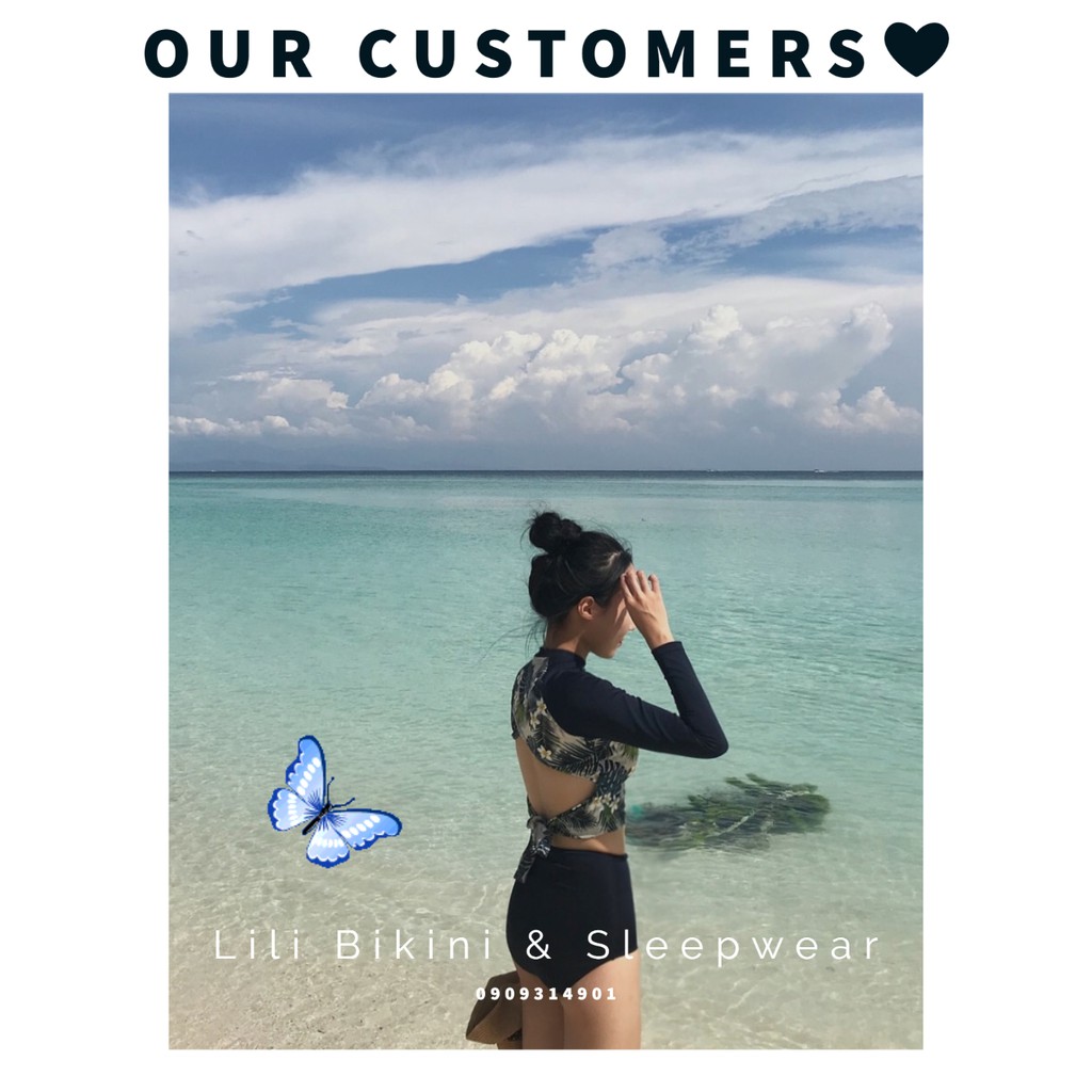 (Xem bảng size) Bikini hoa biển màu xanh dương nhiệt đới, cut out lưng sexy quần cạp cao ôm fom tôn dáng