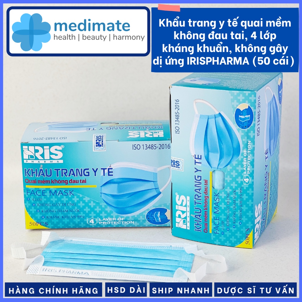 Khẩu trang y tế 4 lớp quai mềm không đau tai IRIS PHARMA (hộp 50 cái)