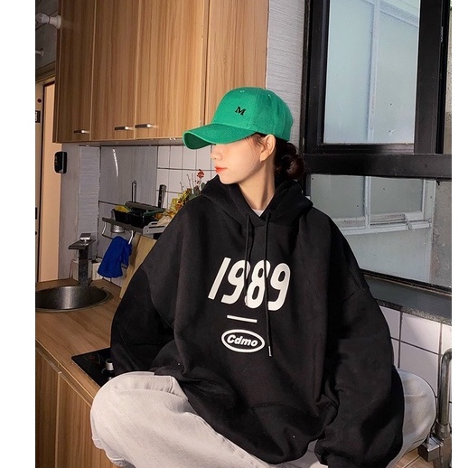 Áo hoodie nam nữ chất nỉ cotton form rộng in 1989 mũ to 2 lớp, áo hoodie nỉ bông màu đen ulzzang tay bo phong cách Hàn