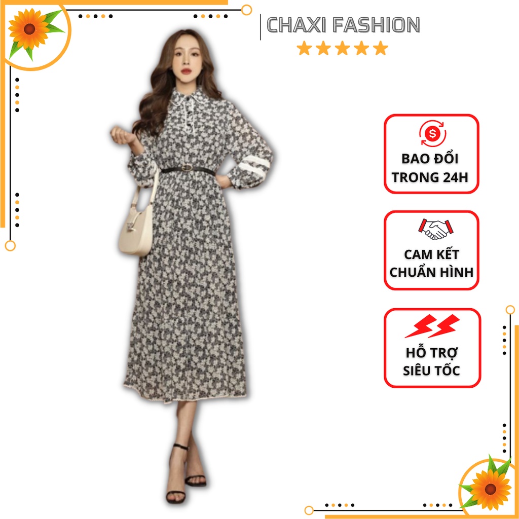 HÀNG NHẬP - ĐẦM XÒE MIDI LỤA HOA NHÍ CỔ SƠ MI PHỐI REN TIỂU THƯ VINTAGE - KLCT261445