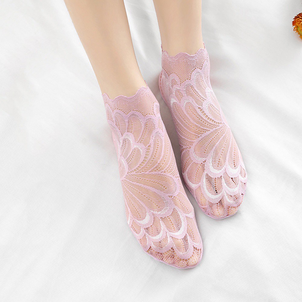 Vớ Cotton Cổ Thấp Chống Trượt Phối Ren Họa Tiết Chim Công Nhiều Màu Thời Trang Mùa Hè Cho Nữ