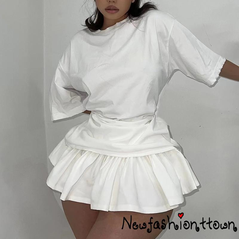 Nfashion-y2k Chân Váy Mini Lưng Cao Xếp Ly Siêu Ngắn Màu Trắng Vintage Hàn Quốc Kawaii Thời Trang Cho Nữ Đi Club Đêm