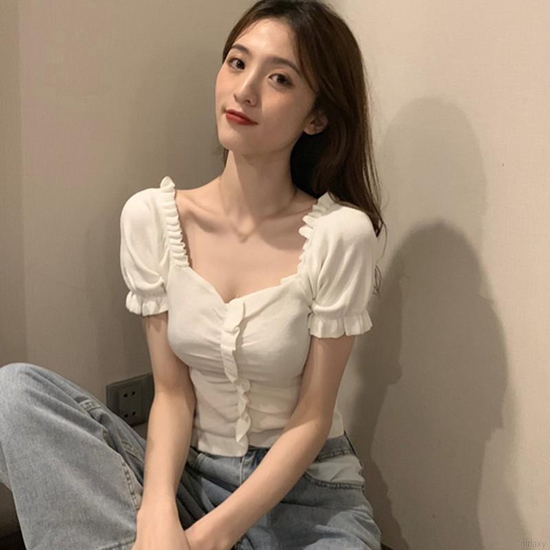 Áo dệt kim ngắn tay cổ chữ V màu trơn thời trang Hàn Quốc trẻ trung