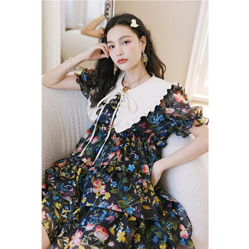 Đầm Hoa Xếp Tầng Dáng Rộng Cổ Búp Bê Kiểu Retro Pháp Thời Trang Mùa Thu Cho Nữ
