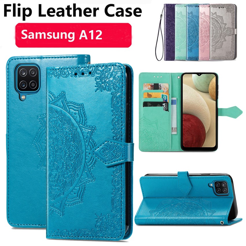 Bao da điện thoại dạng ví khóa từ tính chống sốc có dây đeo họa tiết Mandala dành cho Samsung Galaxy A12