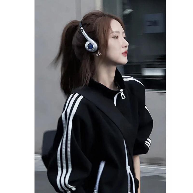 Áo Khoác Thể Thao Dài Tay Có Khóa Kéo Màu Đen Thời Trang Mùa Thu Phong Cách Hàn Quốc Cho Nữ