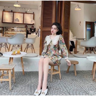Đầm hoa bố gấm phối cổ peter ren