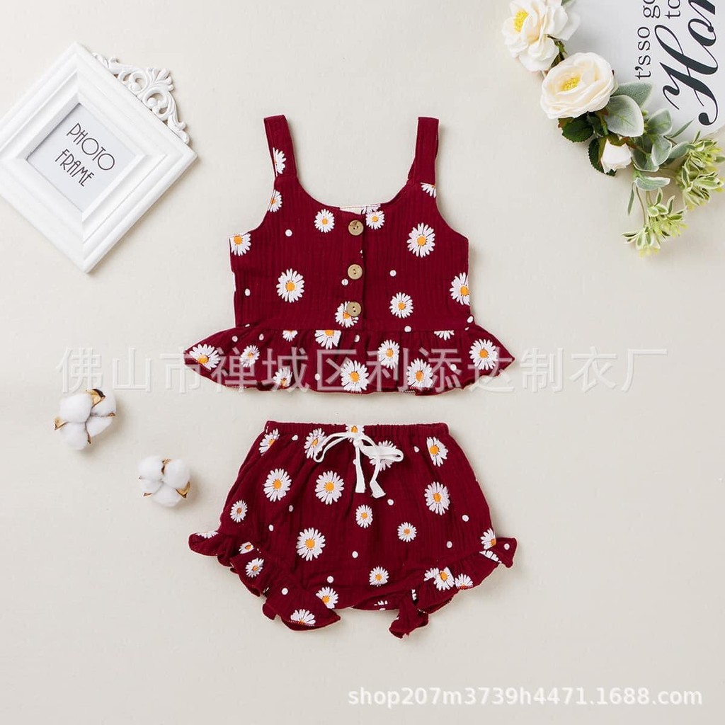 🌸Bộ Hai Dây Chip Hoa🌸 Viền Bèo Đáng Yêu Cho Bé, Size 8 -16Kg