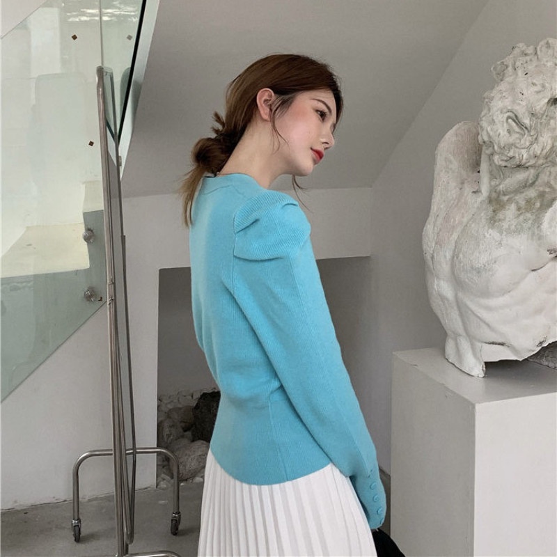 Áo khoác Cardigan dệt kim tay phồng cổ chữ V phong cách Retro thanh lịch thời trang mùa thu