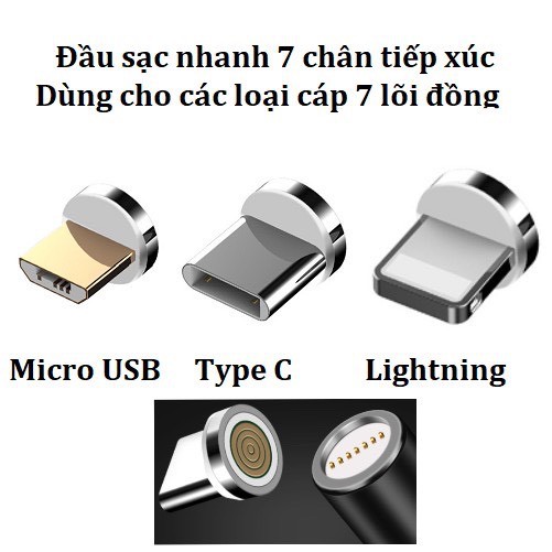 Cáp sạc nam châm tự hút 3 đầu nối Lightning, Type C, Micro USB