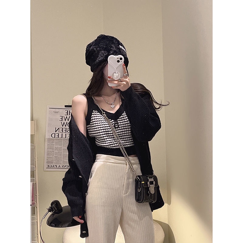 COZOK Set Áo Khoác Cardigan Dệt Kim + Áo Hai Dây Màu Sắc Tương Phản Thời Trang