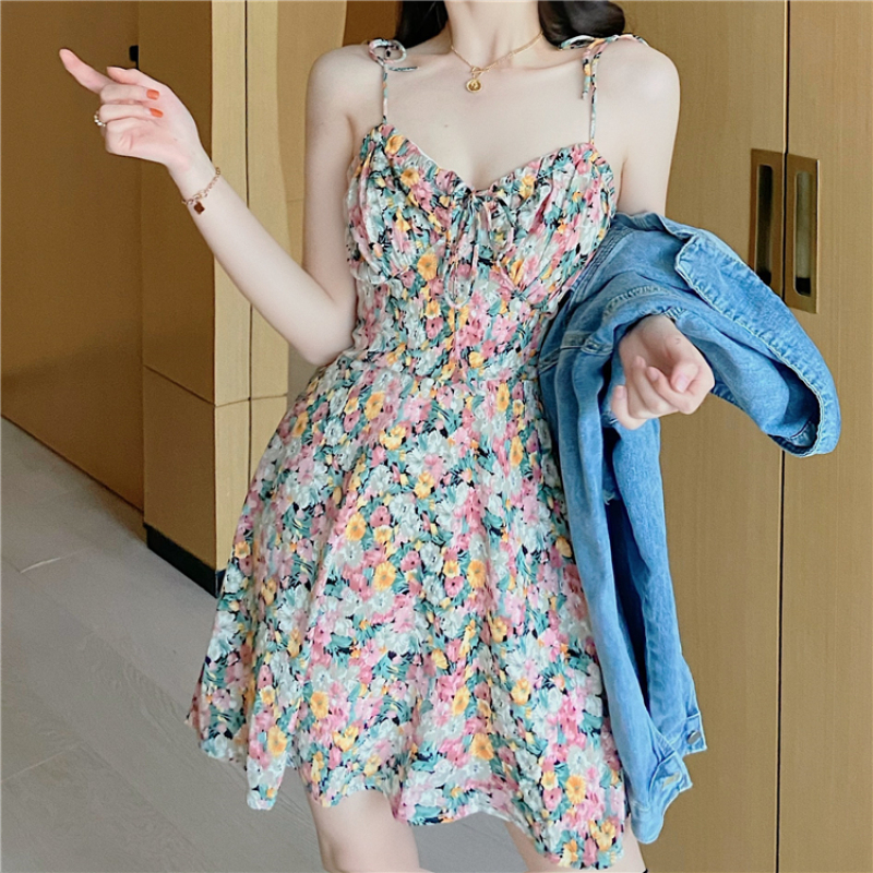 Đầm mini Hai Dây Cổ Chữ V In Họa Tiết Tranh Sơn Dầu Thời Trang Cho Nữ