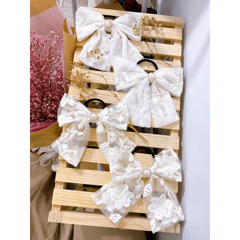 Kẹp tóc hình nơ phối ren hoa phong cách hàn quốc, phụ kiện tóc nữ dễ thương