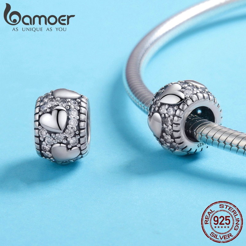Hạt Bamoer SCC798 hình trái tim bằng bạc 925 đính đá CZ làm trang sức DIY cho nữ