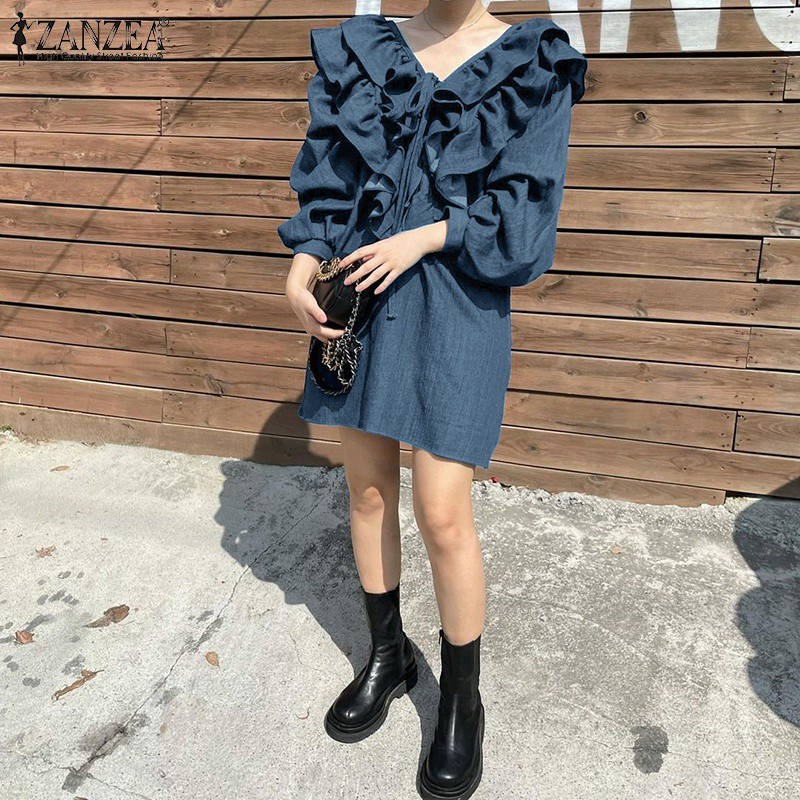 Đầm ZANZEA dài tay cổ chữ V diềm gợn sóng phong cách đơn giản hợp thời trang cho nữ