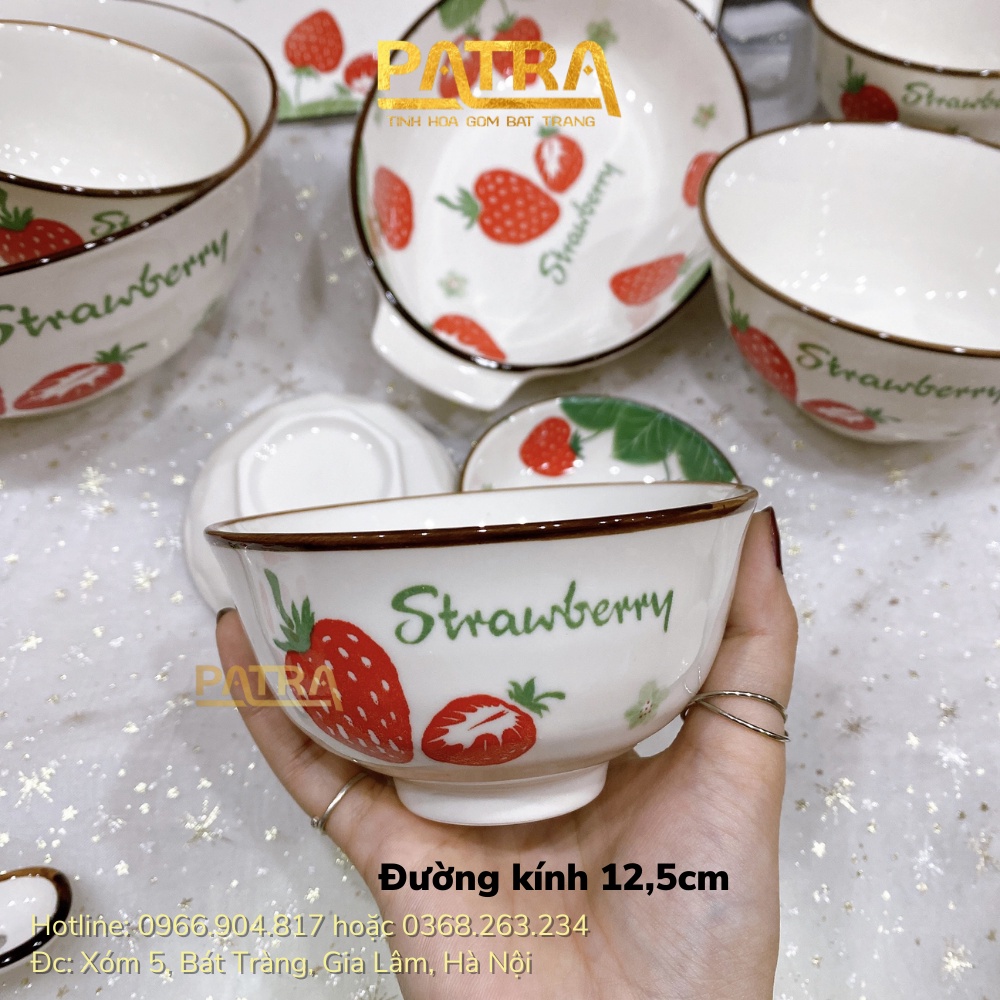 Bộ bát đĩa sứ ăn cơm, bộ chén dĩa decor đẹp họa tiết dâu tây siêu xinh