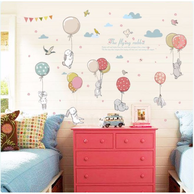 Decal trang trí tường Bong Bóng và Thỏ Trắng đáng yêu