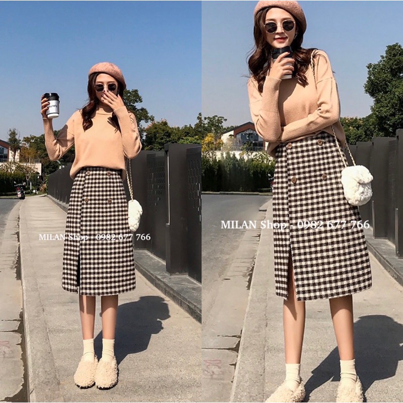 Chân váy dạ dài qua gối kẻ caro 4 khuy thời trang | BigBuy360 - bigbuy360.vn