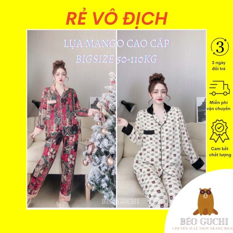 Dài tay 50-110kg K3DTM Béo Guchi Bigsize Pijama Lụa Mango &amp; Satin lạnh - Đồ bộ nữ xinh