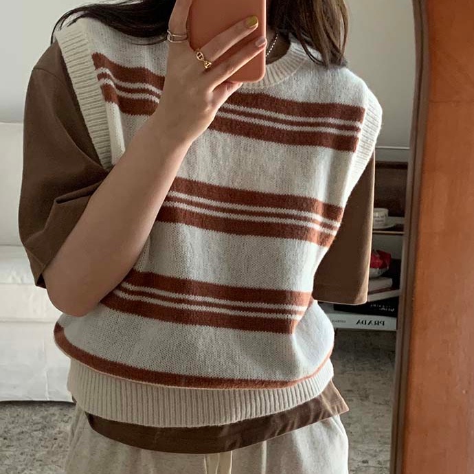 SUXI Áo Len Không Tay Cổ Chữ V Họa Tiết Kẻ Sọc Thời Trang Hàn Quốc Dễ Phối Đồ Cho Nữ