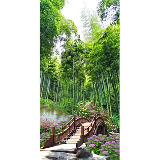 Tranh dán tường 3D phong cảnh con đường cây cầu - cây trúc - khổ dọc - vải lụa kim tuyến