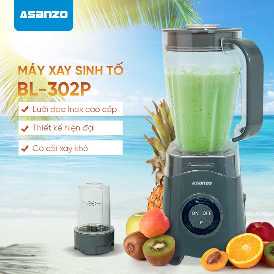 Máy Xay Sinh Tố Đa Năng ASANZO BL302P 300W 1.25L Nhựa Kháng Vỡ, Phím Cảm Ứng Hàng Chính Hãng