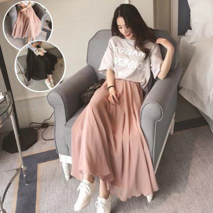 Chân váy voan xếp ly mùa hè dài đến mắt cá chân cạp cao, váy lưới đi biển nữ sinh Hàn Quốc