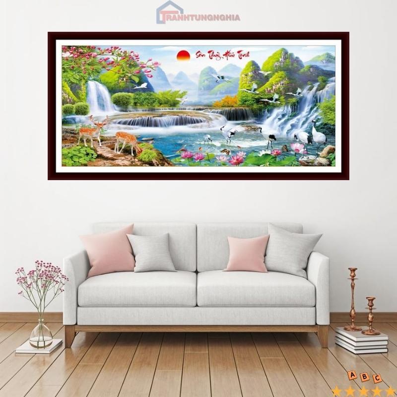 Tranh đính đá, tranh thêu chữ thập phong cảnh sơn thủy hữu tình