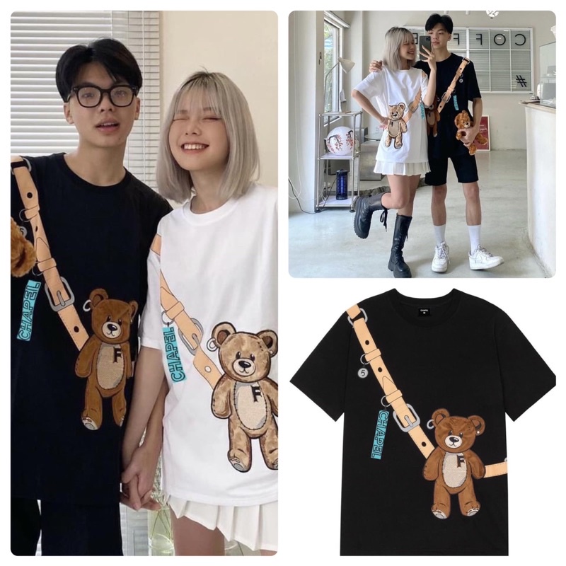 [Giá Huỷ Diệt] Áo cotton tay lỡ dáng rộng unisex túi gấu đeo chéo
