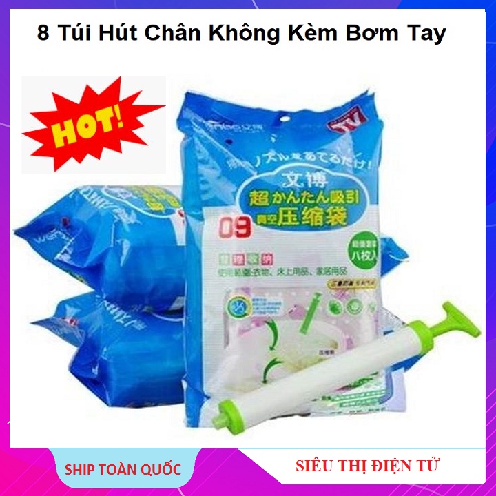 Bộ 8 Túi Hút Chân Không Kèm Bơm, Đựng Chăn Màn, Ga Gối - Quần Áo - Chống Bụi Bẩn Nấm Mốc - Bảo Hành 6 Tháng