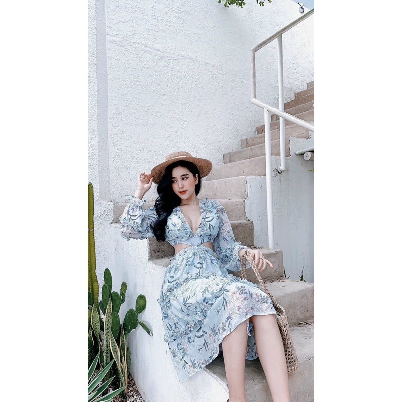Đầm hoa cổ v phối bèo cutout eo 🌪 | BigBuy360 - bigbuy360.vn