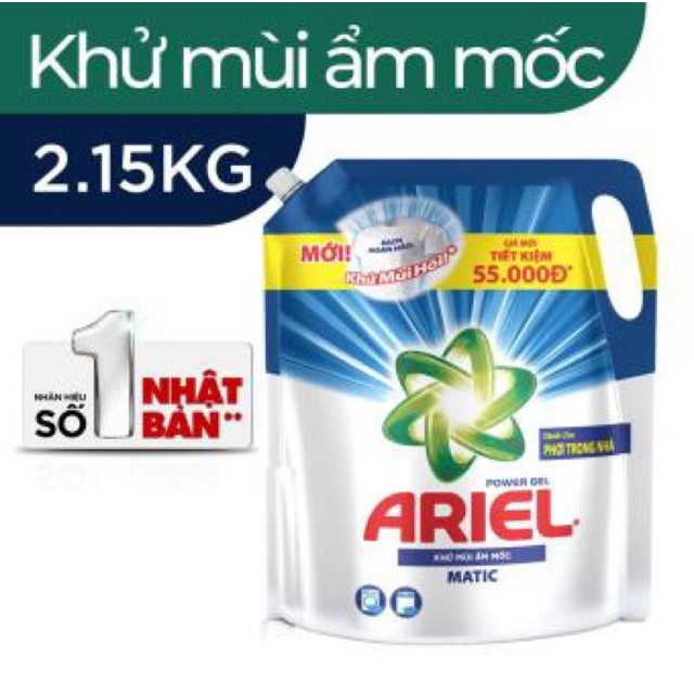 Nước giặt Ariel Matic Khử Mùi Ẩm Mốc túi 2.15KG