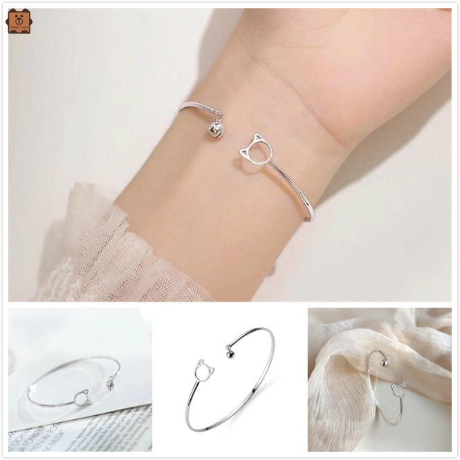 Vòng tay kiểu mở tùy chỉnh phối họa tiết mặt mèo và chuông xinh xắn