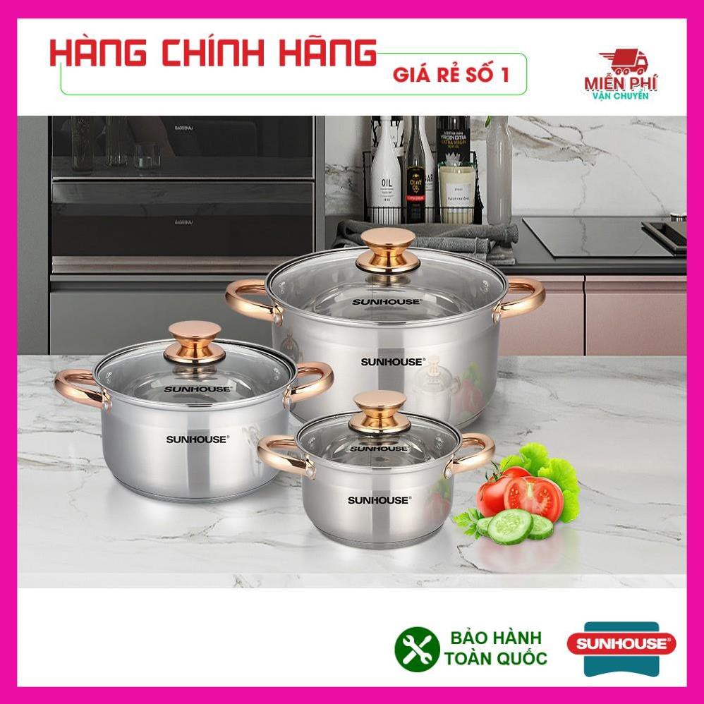 Bộ nồi inox Sunhouse SH781, Bộ nồi Sunhouse SH781,, 5 đáy dùng cho bếp từ, 3 nồi kích thước: 16cm, 20cm, 24cm.