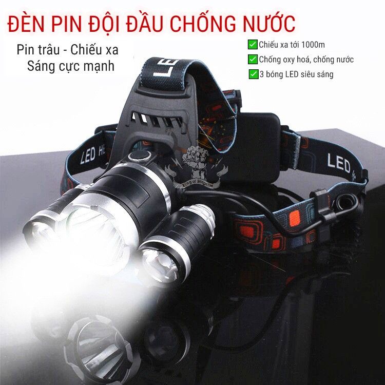 [YPX8] Đèn Pin Đội Đầu 3 Bóng Led T6- Siêu Sáng, Kèm 2 Pin, Kèm Sạc