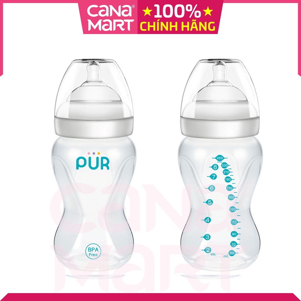 Bình sữa cho bé cổ rộng Pur Milk Safe 250ml (9812), không chứa BPA, có eo giúp bé dễ cầm và ôm bình tự bú sữa